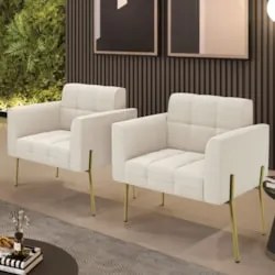 Poltrona Para Sala Pé Metal Dourado Kit 2 Ana Bouclé Bege - Ibiza