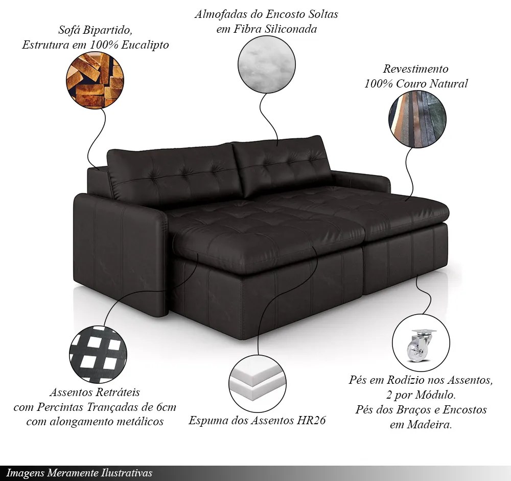 Sofá Retrátil Bipartido Sala de Estar Belém 204cm Couro Borgonha Manchado G52 - Gran Belo