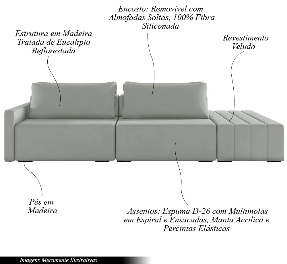 Sofá Ilha Modulado Milos 232cm Puff Lateral Veludo Cinza G33 - Gran Belo