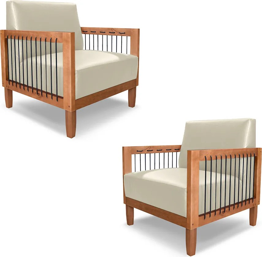 Kit 2 Poltronas Sala de Estar Pés Madeira Maciça Corda Náutica Preta 75cm Manila PU Bege G63 - Gran Belo
