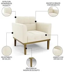Sofá Namoradeira e 2 Poltronas Base Madeira Castanho Ana Veludo Bege -