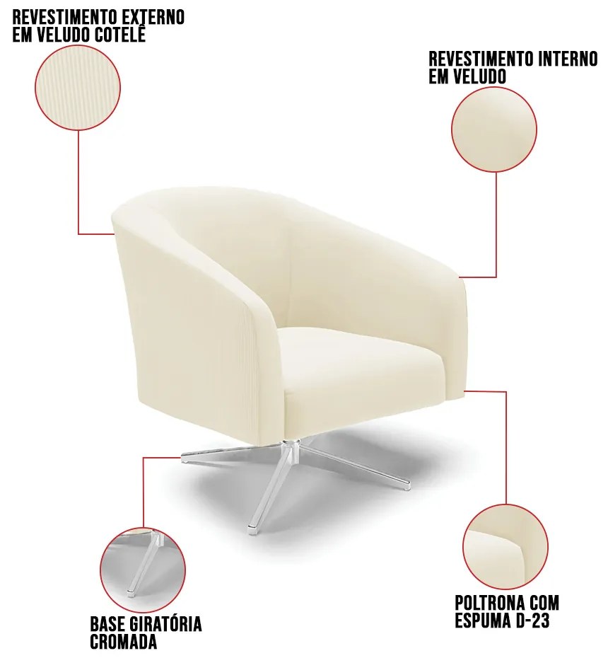 Poltrona Decorativa Giratória Cromada Stella Cotelê Ext/Veludo D03 - D'Rossi - Off White