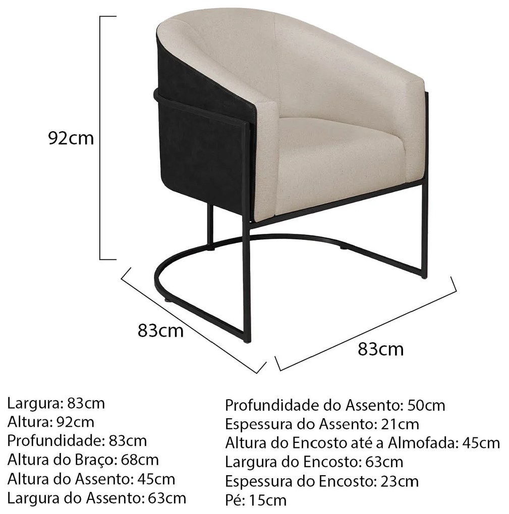 Poltrona Luiza Base de Ferro Preto Factor Preto e Linho - ADJ Decor