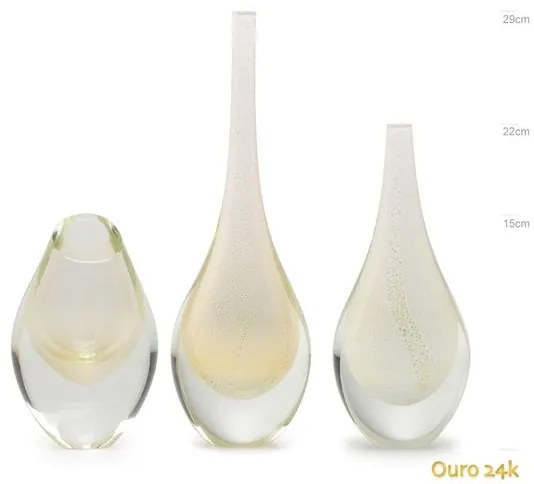 Conjunto 3 Gotas Mini Branco com Ouro Murano Cristais Cadoro