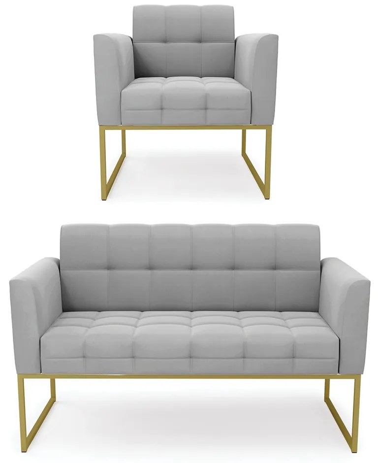 Kit 1 Sofá Namoradeira e 1 Poltrona Elisa Suede Cinza Base Metálica Industrial Dourado - D'Rossi