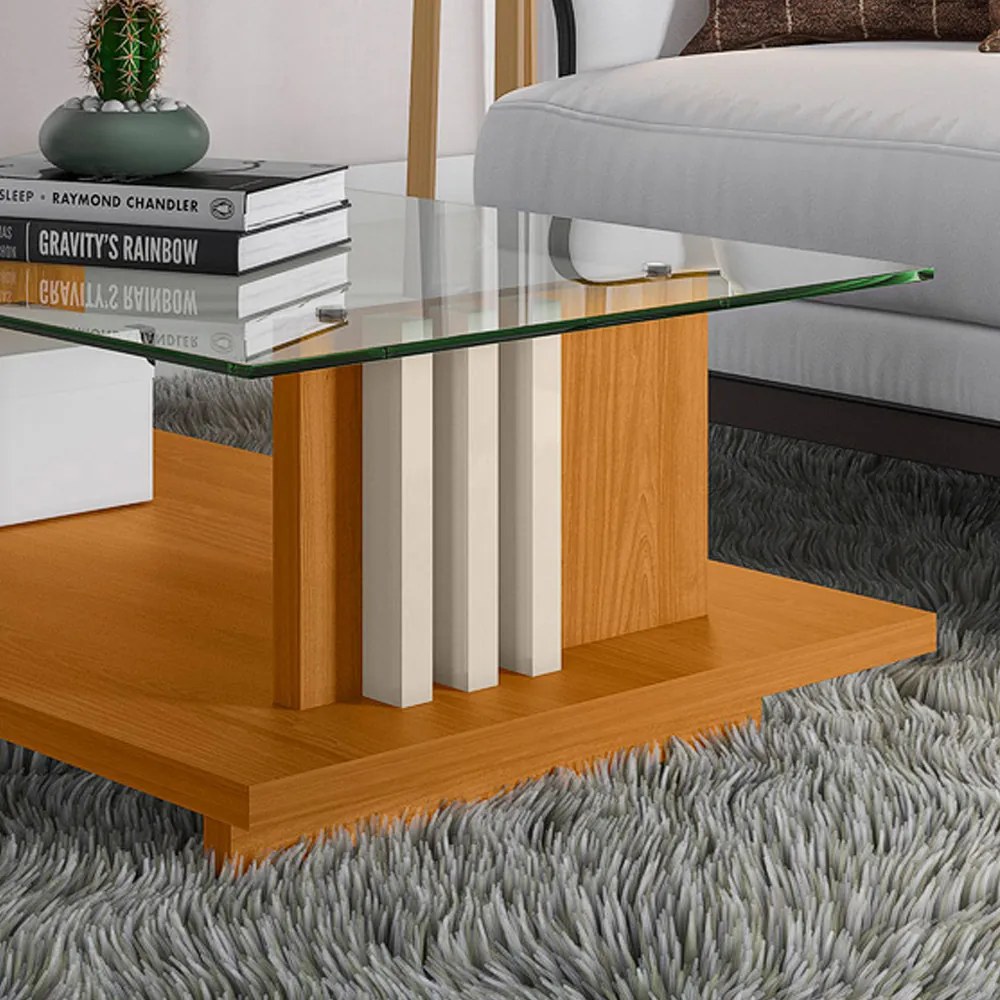 Mesa de Centro Para Sala Ripado Tampo de Vidro Mirezi M20 - D'Rossi - Cinamomo e Off White