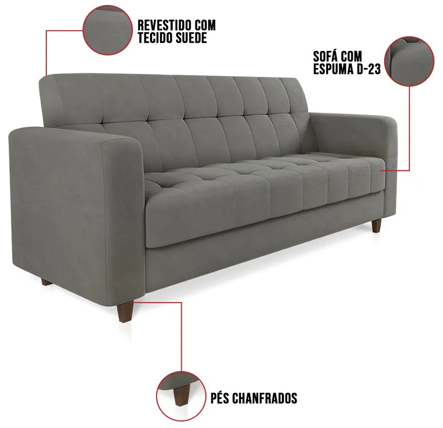 Sofá 03 Lugares Arezzo Suede Pés Chanfrado Tabaco D01 - D'Rossi - Grafite