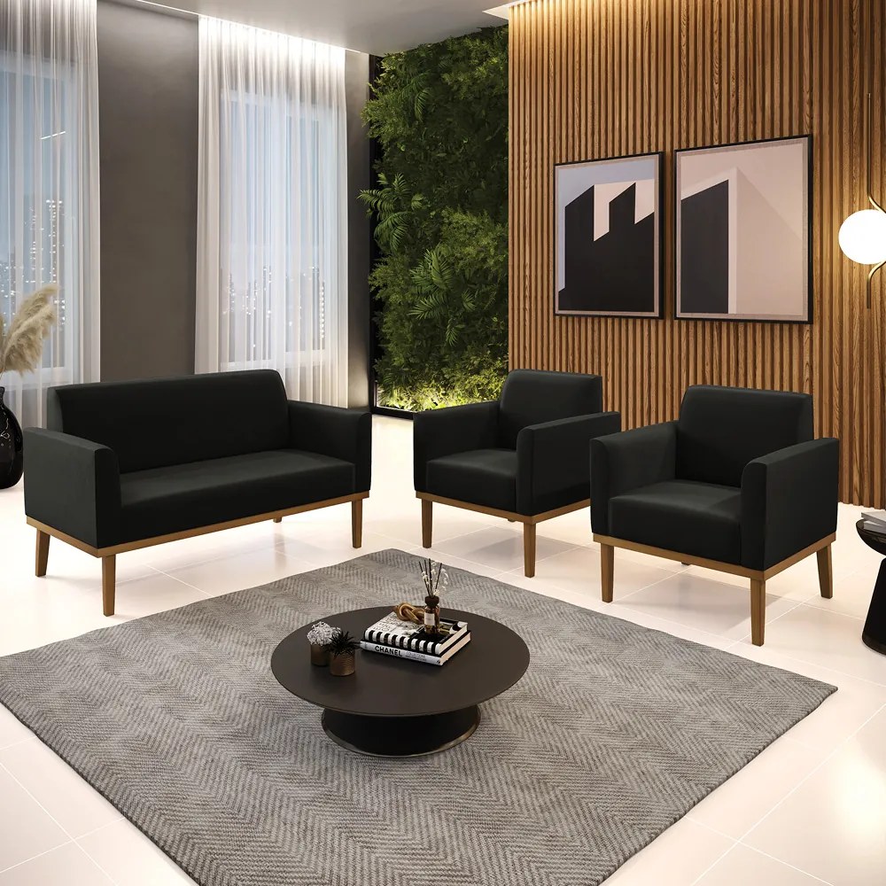 Sofá Namoradeira com 2 Poltronas Base de Madeira Fixa Castanho Marisa Suede - Preto