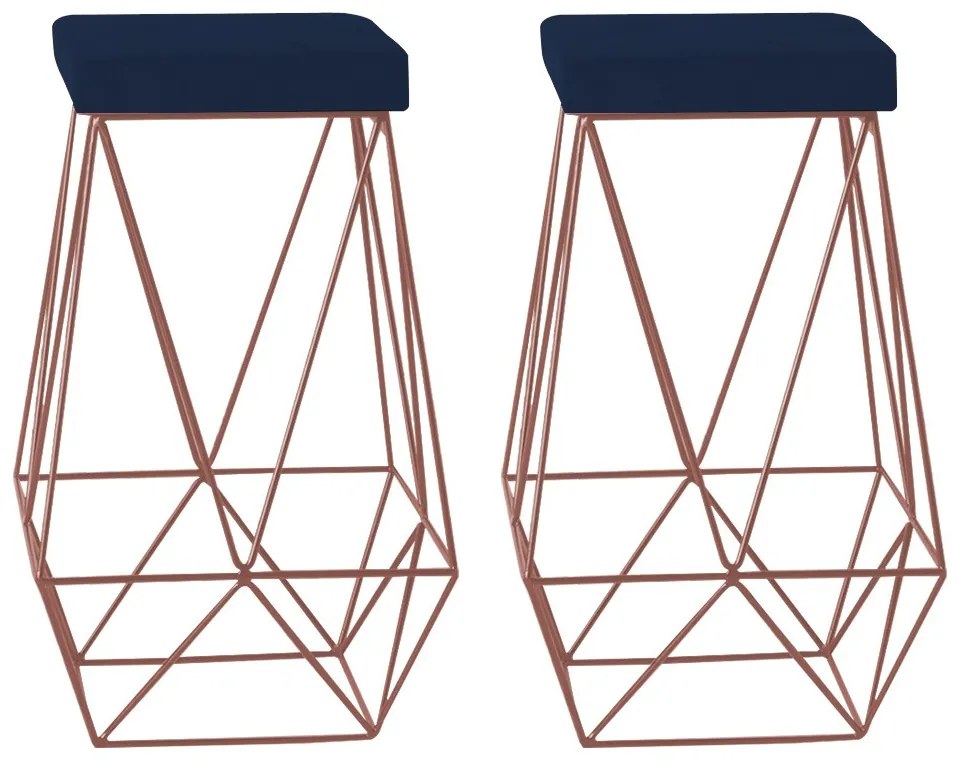 Kit 2 Banqueta Decorativa Kathy Base Bronze Veludo Azul G41 - Gran Belo
