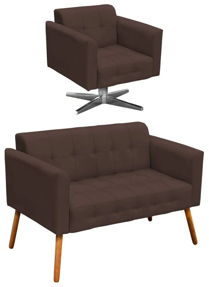 Kit 01 Namoradeira e 01 Poltrona Giratória Elisa Suede Base Estrela Cromada D'Rossi - Marrom