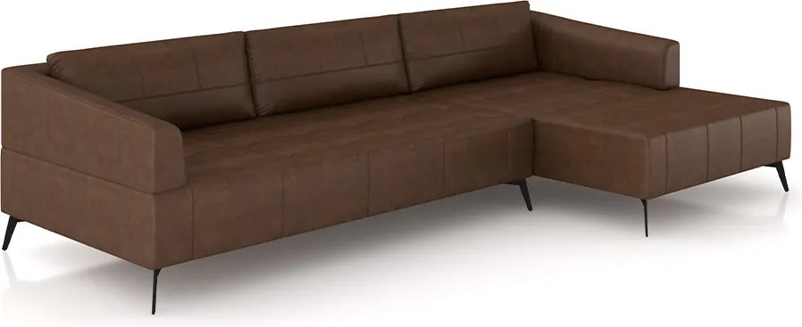 Sofá Bipartido Sala de Estar Kiara 352cm Chaise Direito Pés de Ferro Couro Caramelo Manchado G52 - Gran Belo