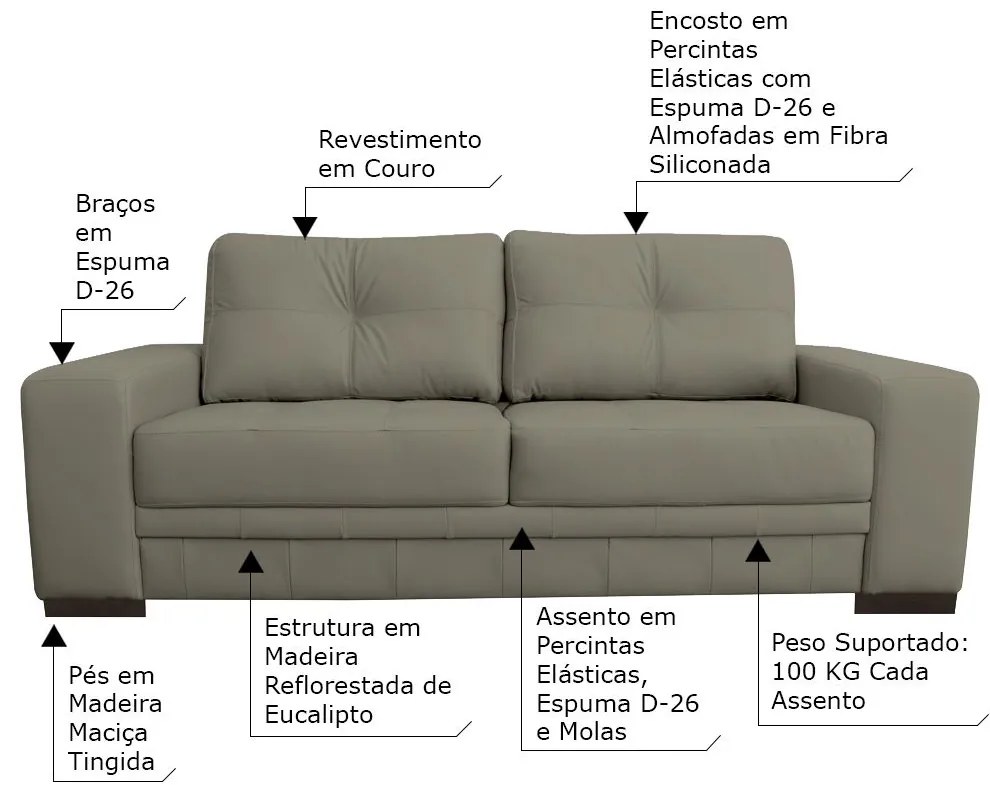 Sofá 3 Lugares Sala de Estar Milano 210cm Couro Nude G58 - Gran Belo