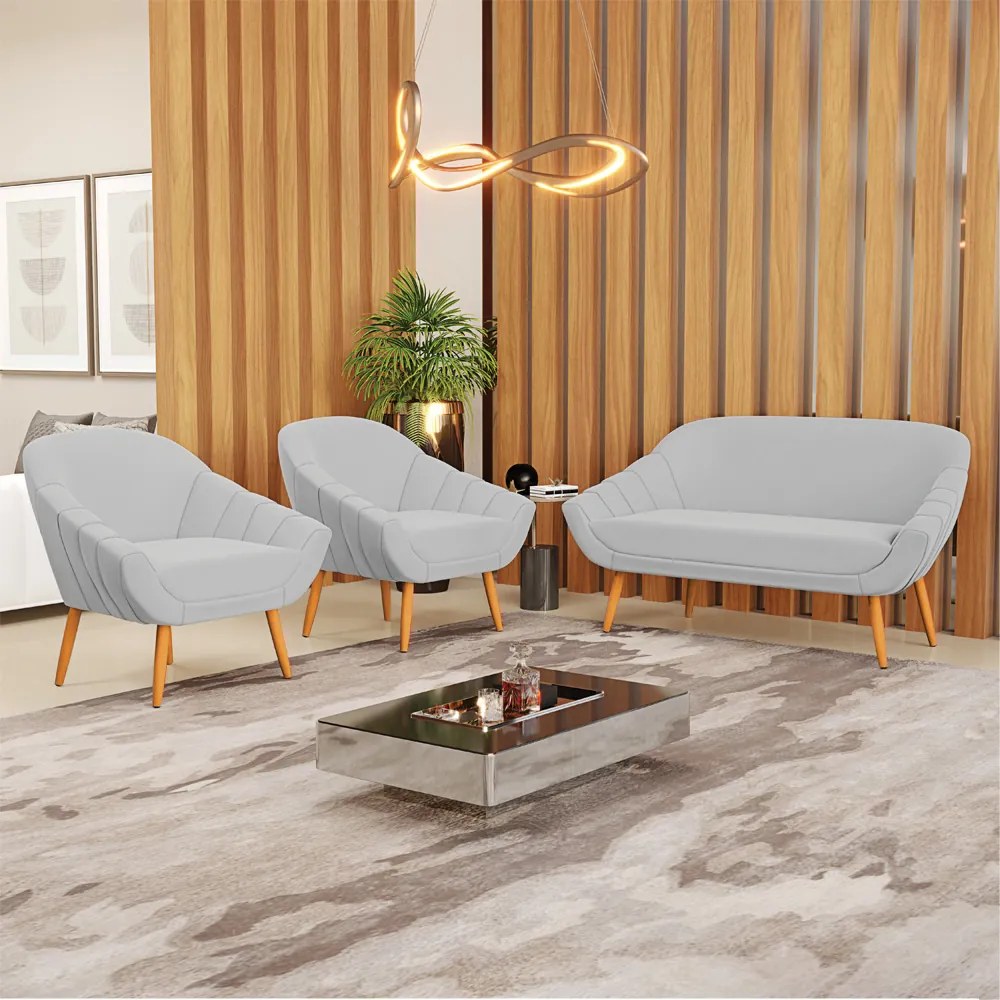 Kit 01 Namoradeira 02 Lugares e 02 Poltronas Giovana Suede Cinza Pés Palito Castanho - D'Rossi