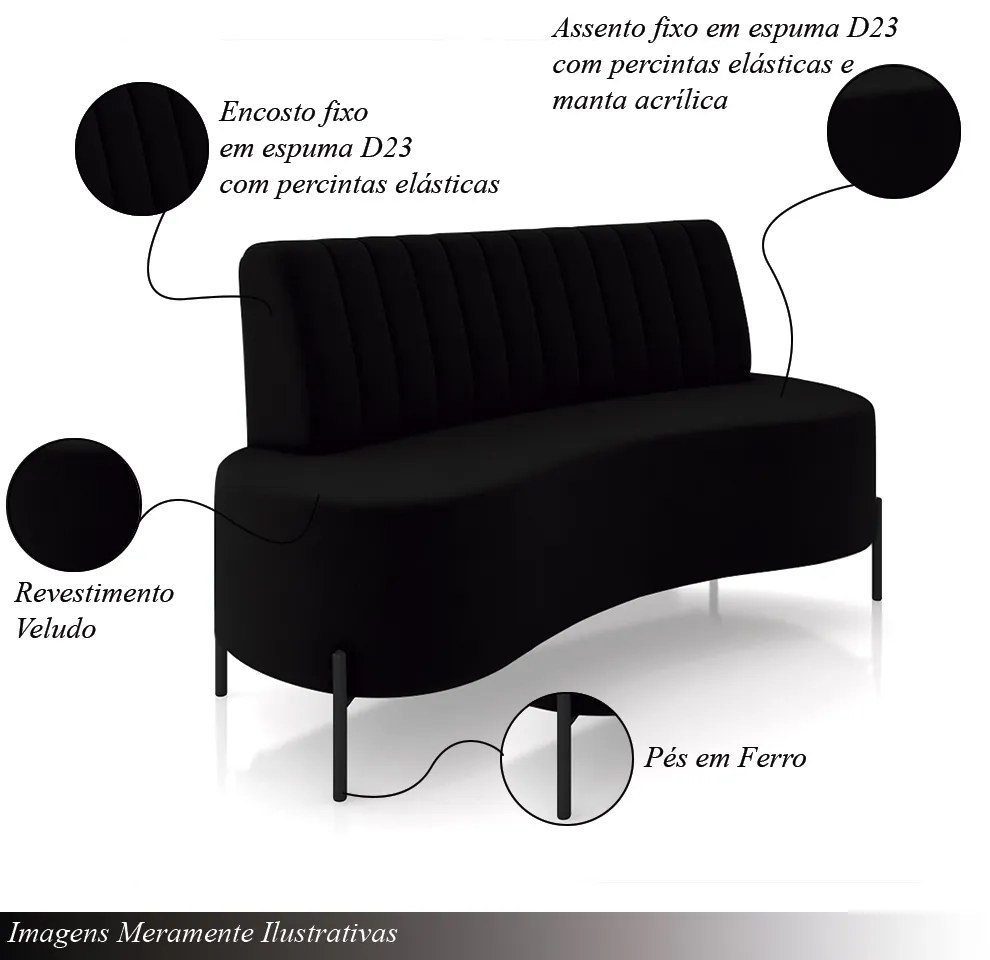 Sofá Living Decorativo 2 Lugares 1,35M Katara Pés de Ferro Veludo Preto G33 - Gran Belo