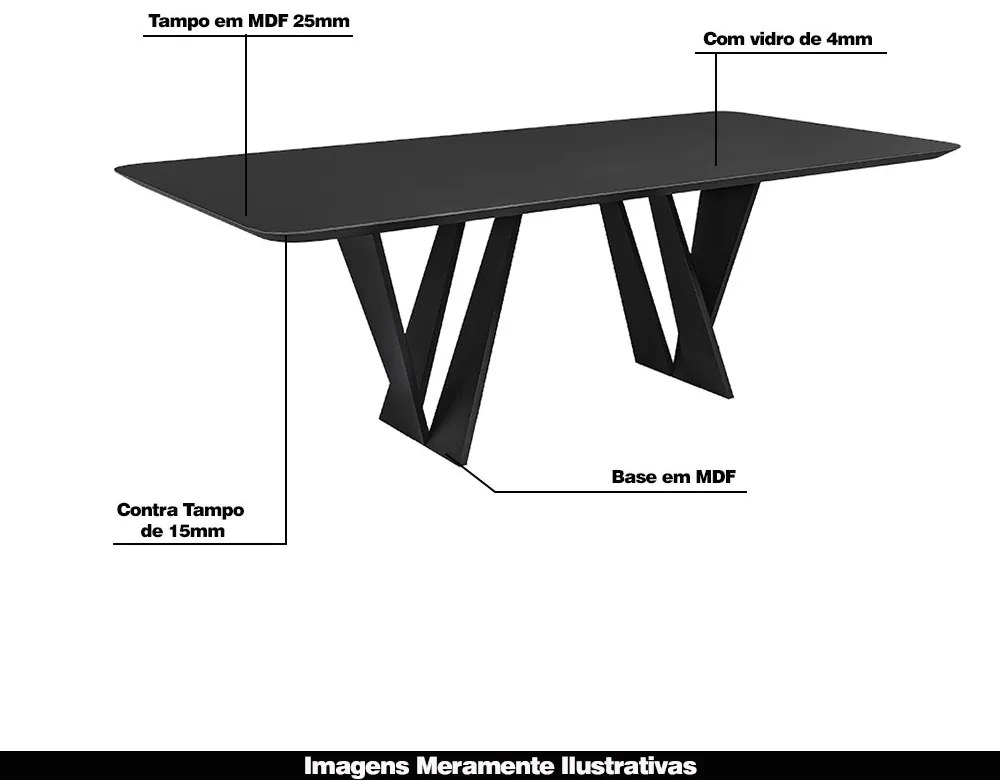 Mesa Sala de Jantar 6 Lugares 200cm Tampo com Vidro Shuri Preto/Ébano G13 - Gran Belo
