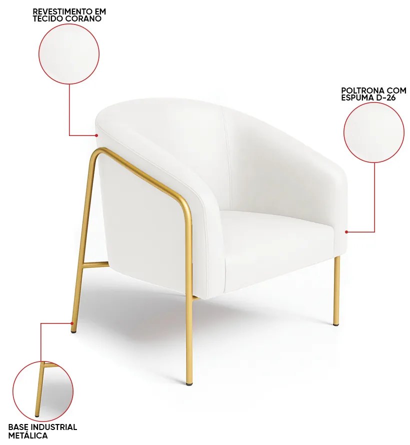 Poltrona Sala Industrial Alta Dourado Kit 2 Stella Sintético PU D03 - D'Rossi - Branco