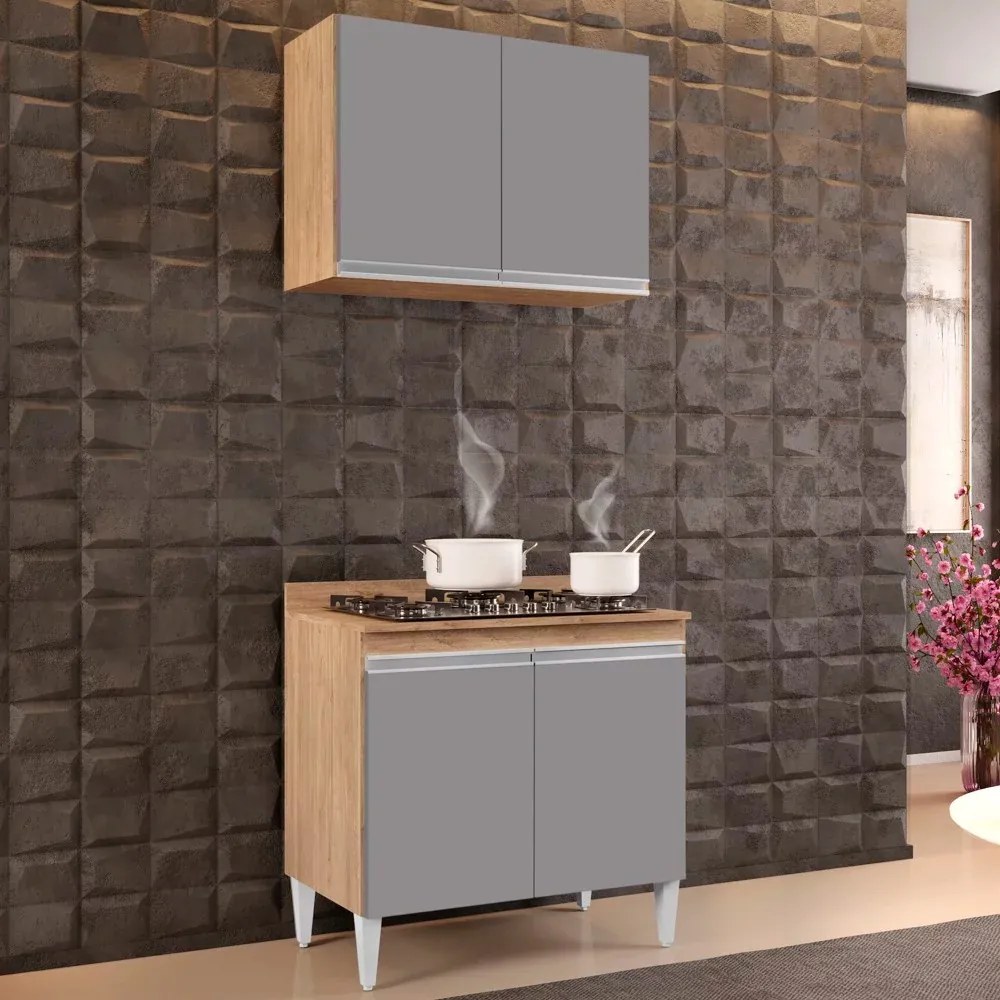 Kit Armário Aéreo e Balcão para Cooktop de Cozinha 02 Portas Diana 80 cm L06 - D'Rossi - Castanho e Cinza
