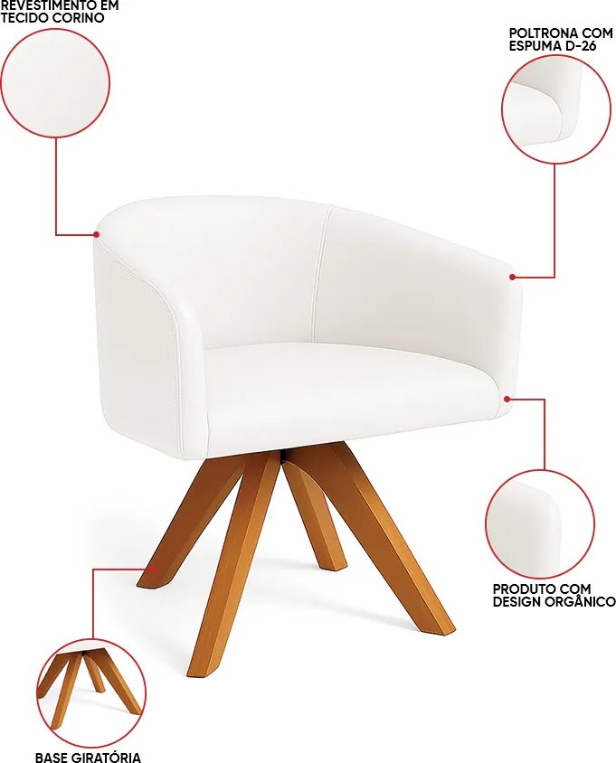 Poltrona Sala Base Giratória Madeira Kit 2 Arielle Sintético Branco D03 - D'Rossi