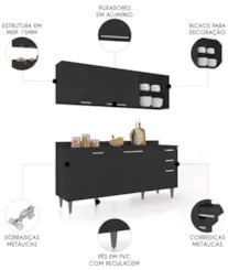 Armário de Cozinha Com Tampo CP10 180cm Pérola Preto Z34      - Mpozen