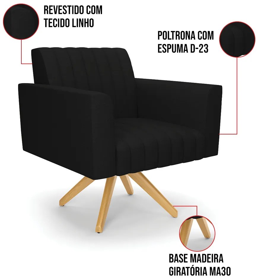 Poltrona Giratória Viena Gomada Linho Base de Madeira MA30 D03 - D'Rossi - A79 Preto