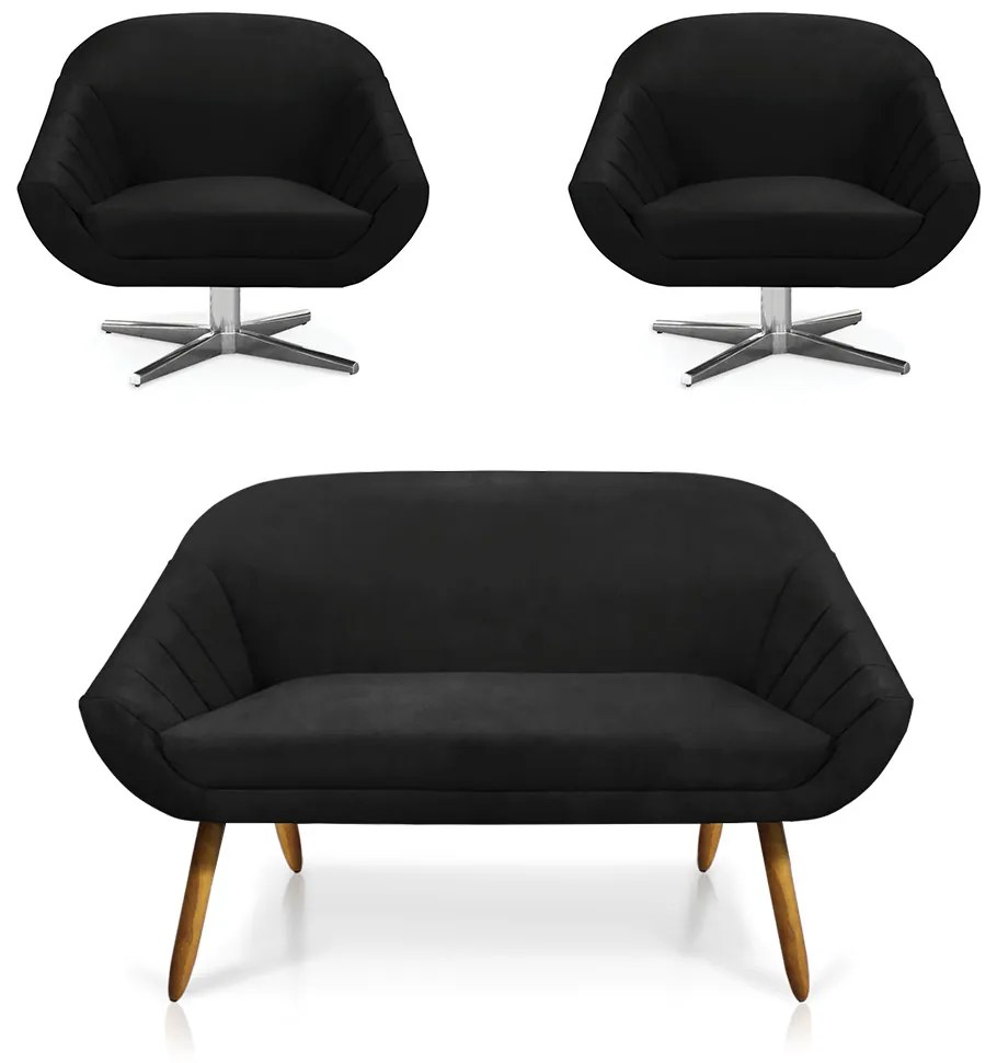 Kit 01 Namoradeira 02 Lugares e 02 Poltronas Giratória Giovana Suede Base Cromada - D'Rossi - Preto