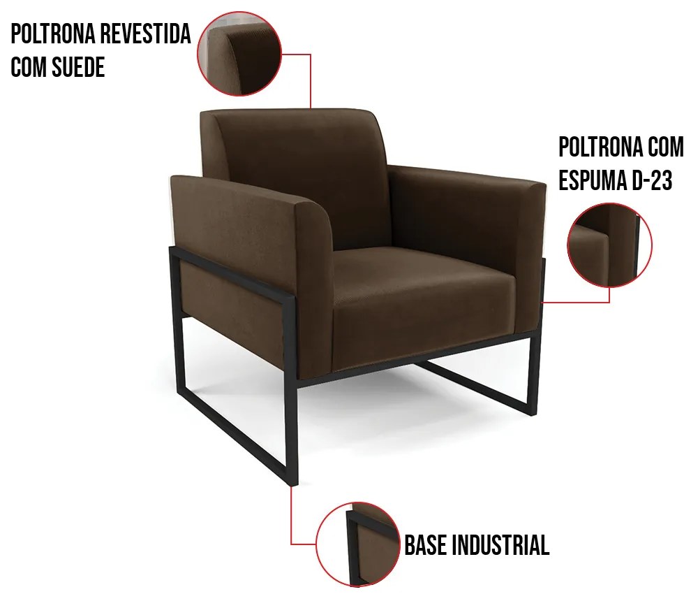 Kit 2 Poltronas Base Industrial Alta Preto Marisa Suede D03 - D'Rossi - Marrom