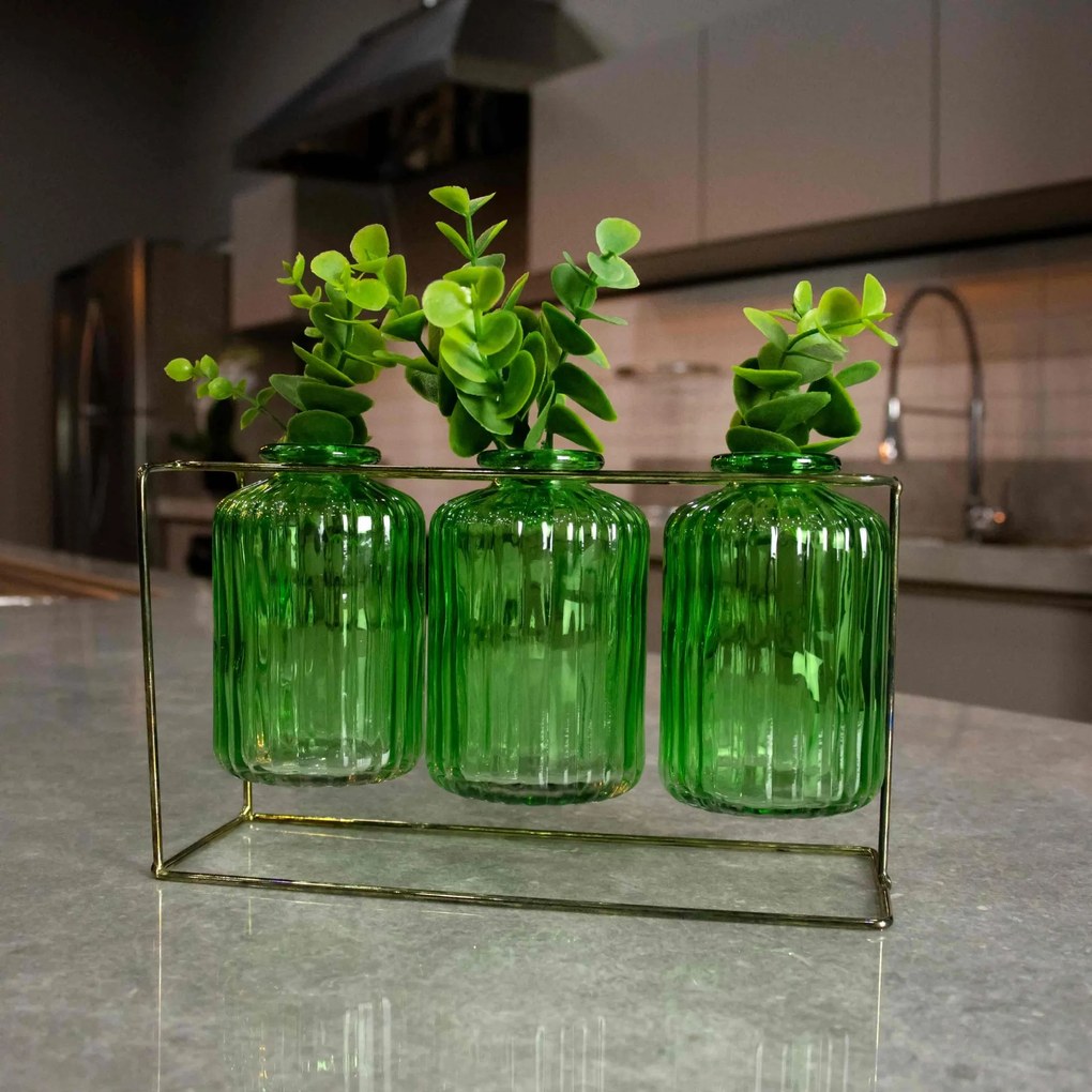 Kit Com 3 Vasos de Vidro Verde Com Suporte Dourado 13x21 Cm F04 - D'Rossi