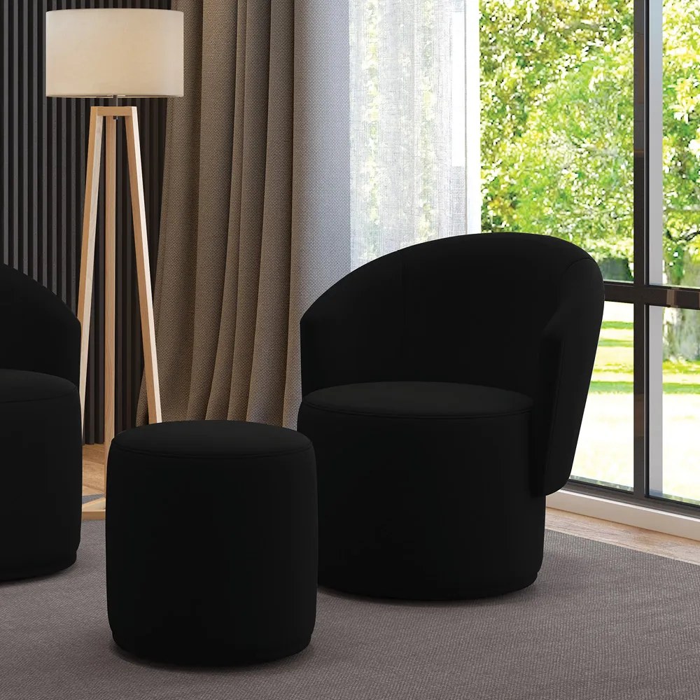 Poltrona e Puff Redondo Orgânico para Sala Malu Suede M11 - D'Rossi - Preto