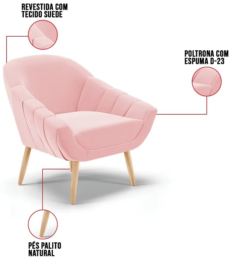 Kit 01 Namoradeira 02 Lugares e 02 Poltronas Giovana Suede Pés Palito Natural D03 - D'Rossi - Rosa Bebê