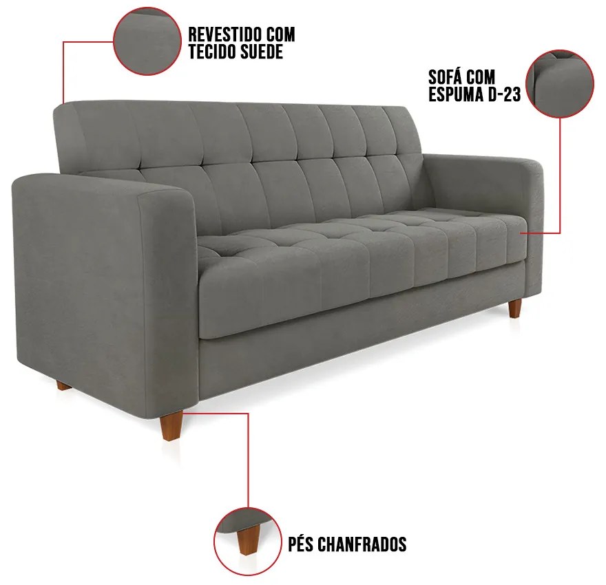 Sofá 03 Lugares Arezzo Suede Pés Chanfrado Castanho D01 - D'Rossi - Grafite