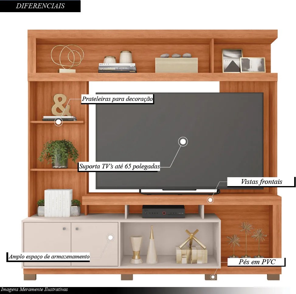 Home Estante Rio 210cm TV até 65 com Prateleiras MDP/HDF Freijó/OffWhite G11 - Gran Belo