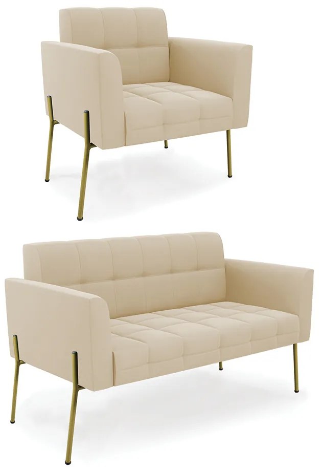 Sofá Namoradeira e Poltrona Pé de Ferro Dourado Elisa Suede D03 - D'Rossi - Bege