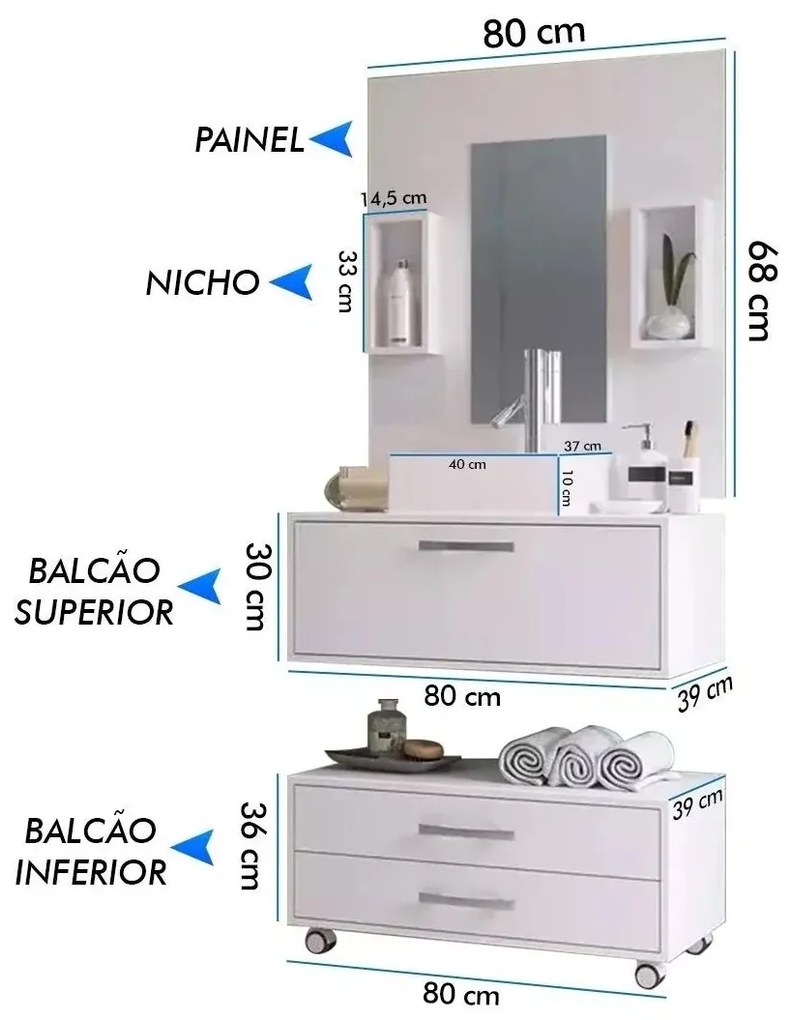 Gabinete Para Banheiro Completo Cuba Painel Balcão 80cm