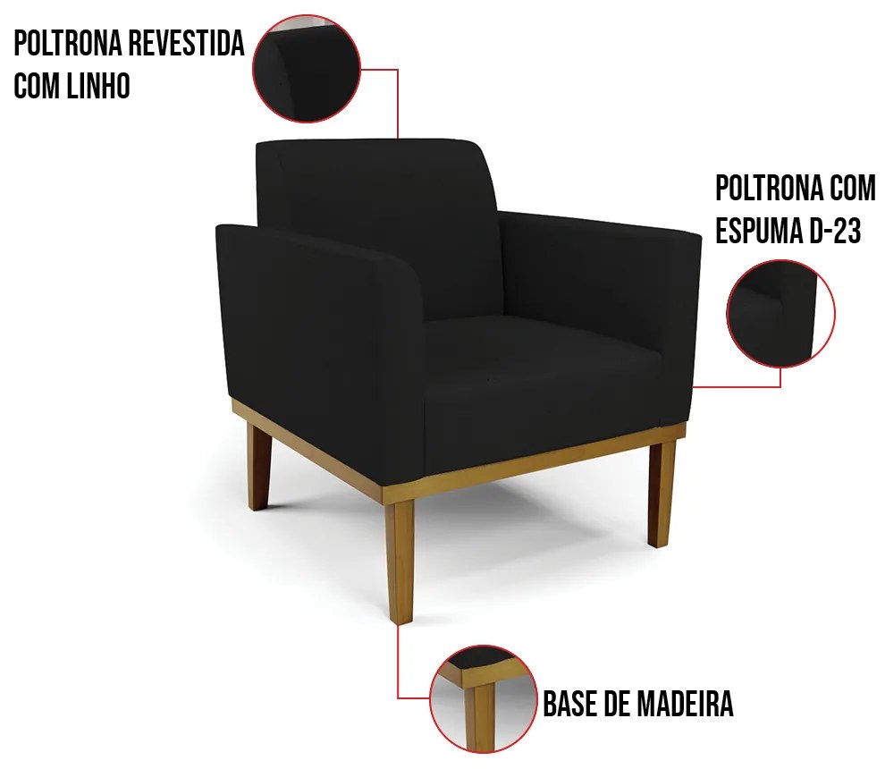 Poltrona Base de Madeira Fixa Castanho Marisa Linho D03 - D'Rossi - A79 Preto