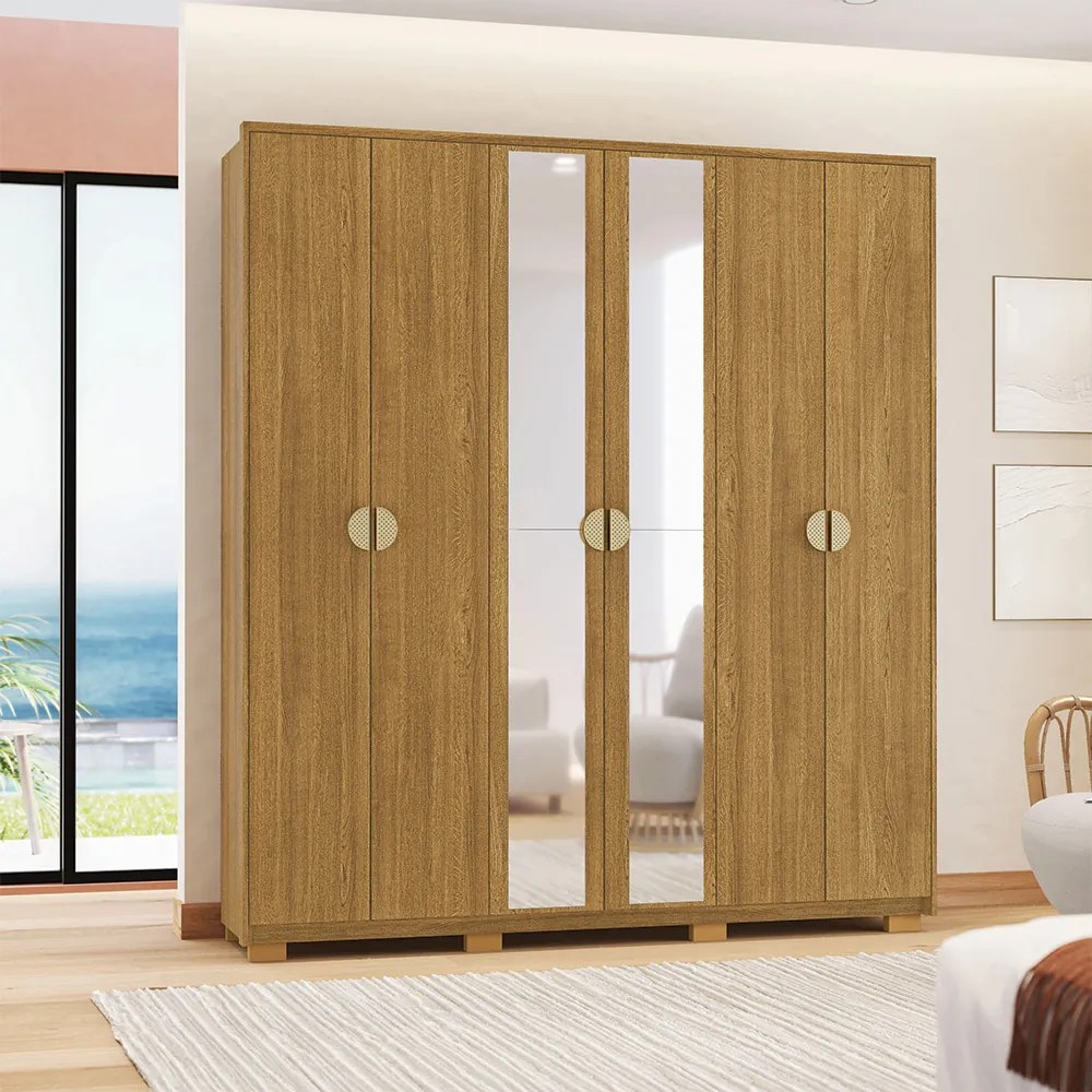 Guarda Roupa Casal Marlin 6 Portas de Bater 2 com Espelhos 4 Gavetas com Nichos MDF Nature G98 - Gran Belo