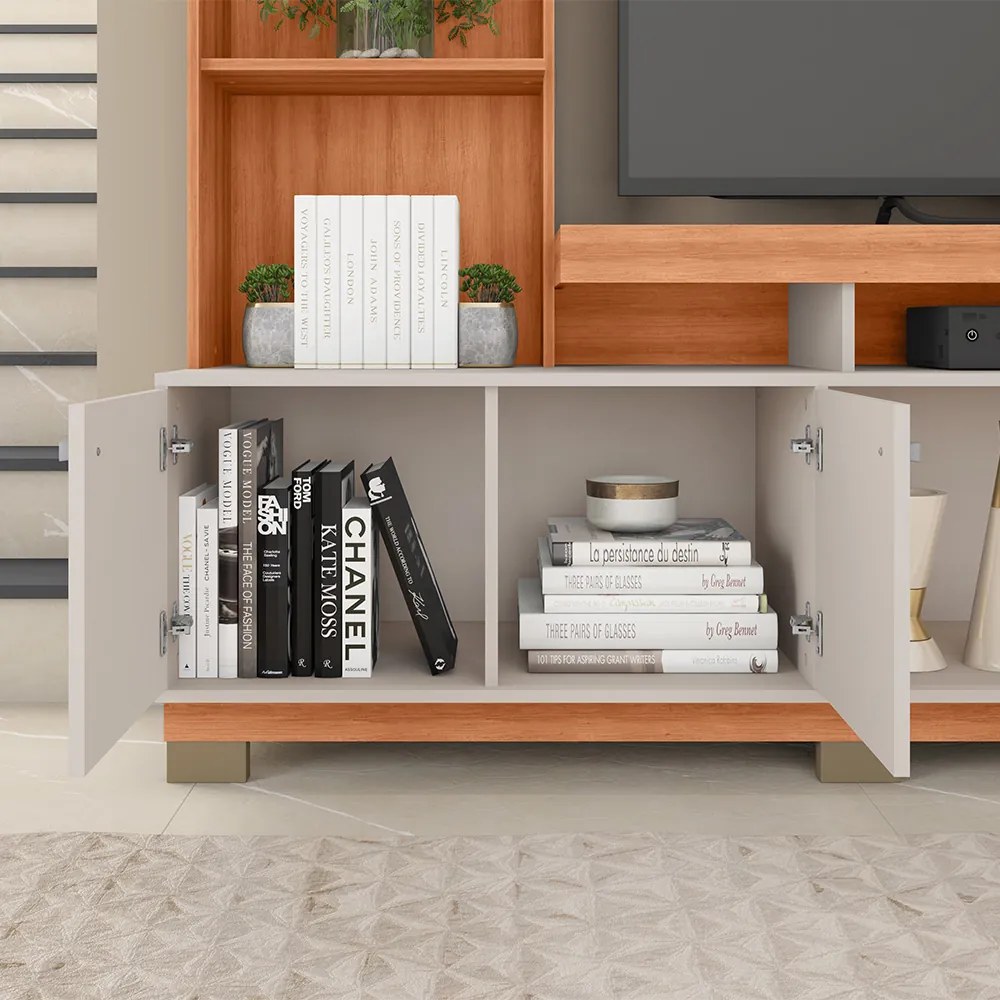 Estante TV 70 Pol 210cm Sala de Estar Mirel Freijó/Off White C01 - D'Rossi