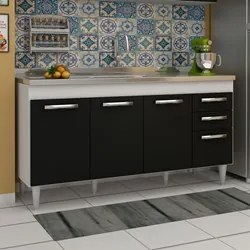 Balcão Gabinete Áustria com Pia Inox 160cm 4 Portas Branco/Preto - Lum