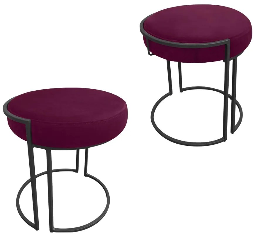 Puff Redondo Base Industrial Preto Kit 2 Love Suede - Vinho