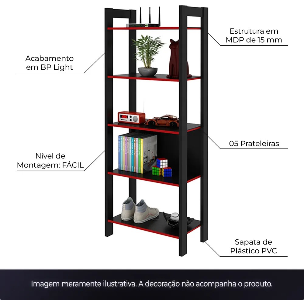Conjunto Mesa Armário Estante e Gaveteiro para Escritório Home Office Gamer Cool MDP Preto/Vermelho G69 - Gran Belo