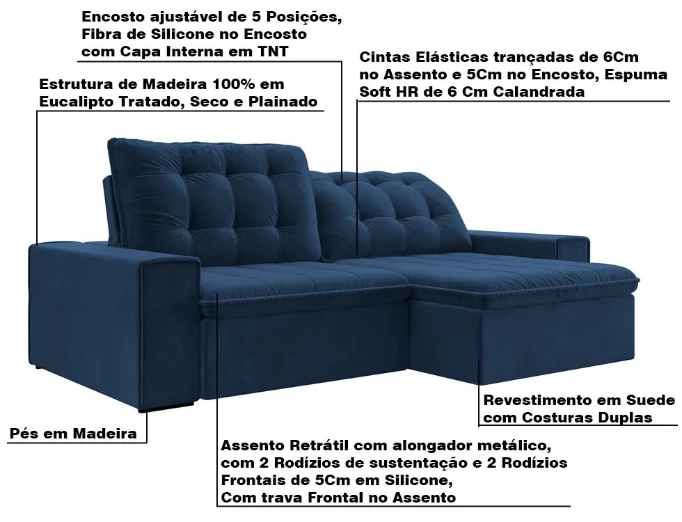 Sofá Retrátil 234 cm Sala de Estar Gabi Suede Azul Marinho G52 - Gran Belo