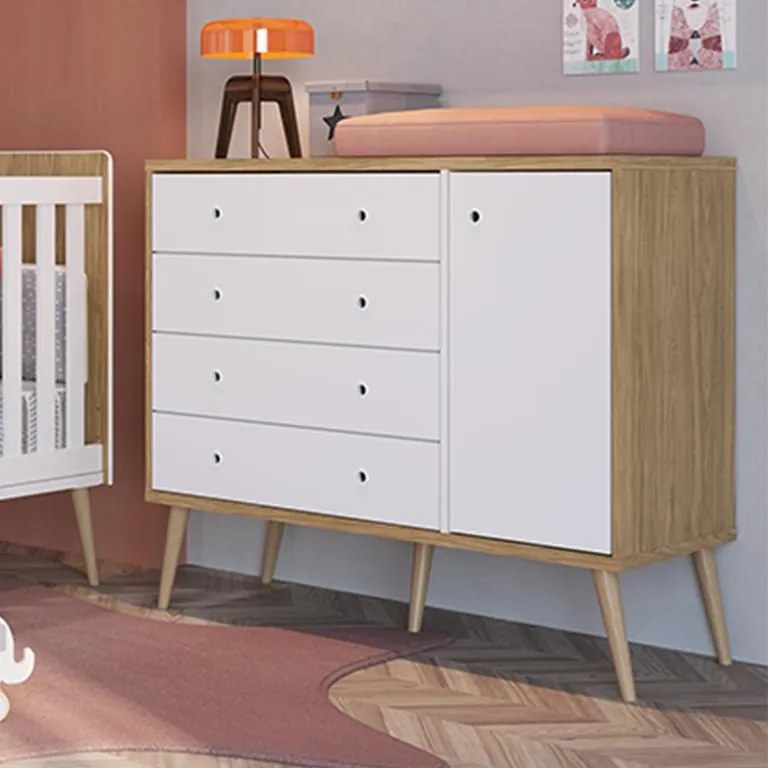 Comoda Infantil Retrô 04 Gavetas 1 Porta Pés Palito - Branco/Itapua