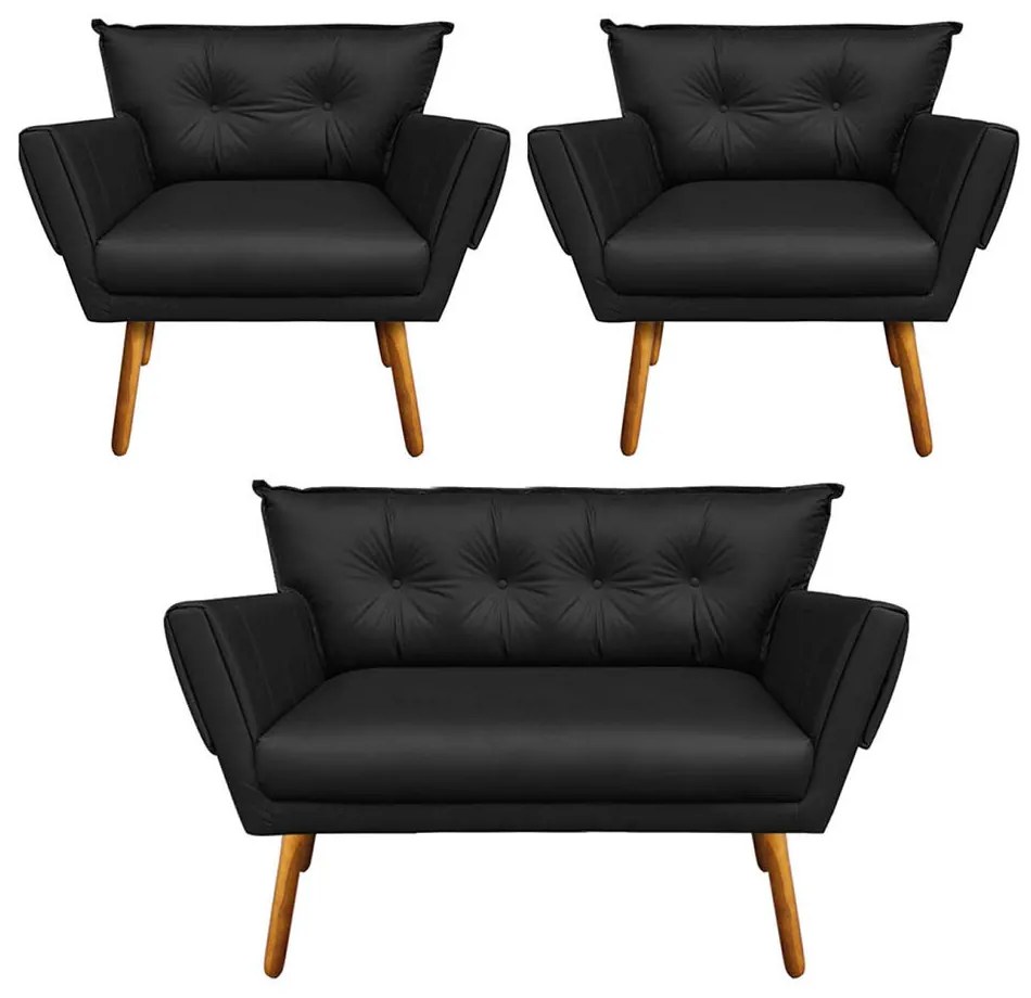 Kit 01 Namoradeira e 02 Poltronas Anitta Corino Pés Palito Castanho D03 - D'Rossi - Preto