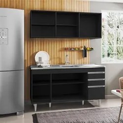 Armário Aéreo Argélia e Balcão Gabinete com Pia Inox Marrocos 150cm Pr