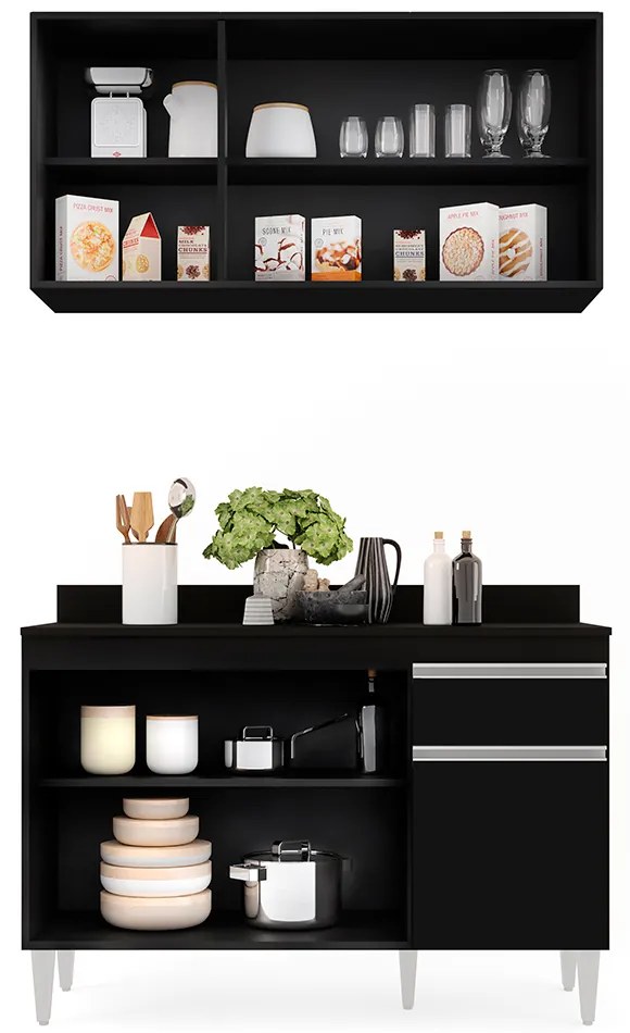 Kit Armário Aéreo e Balcão de Cozinha Lavanderia Lucy com Tampo 120 cm - D'Rossi - Preto