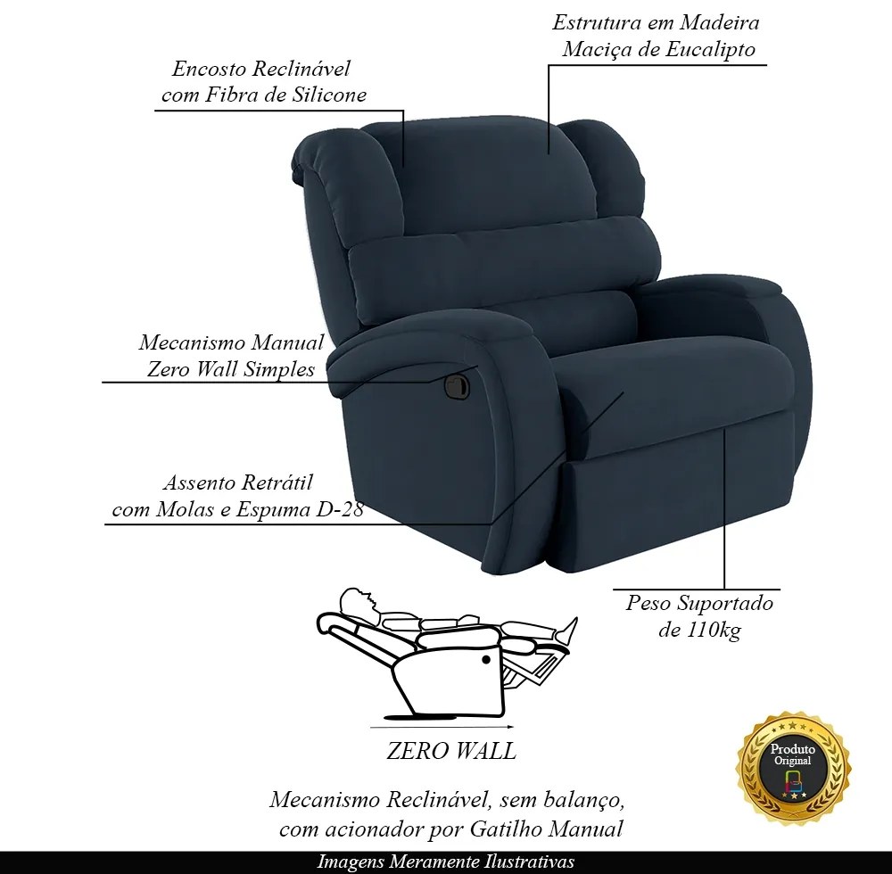 Poltrona do Papai de Cinema Reclinável Kylie Manual Veludo Azul G23 - Gran Belo