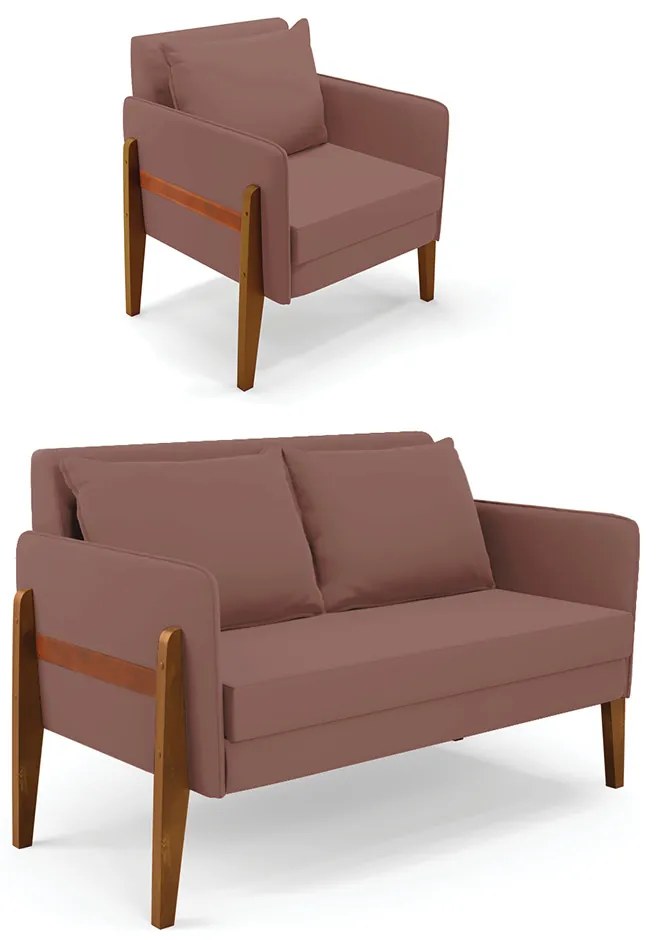 Kit 1 Sofá Namoradeira e 1 Poltrona Lana Veludo Rosê Base de Madeira - D'Rossi