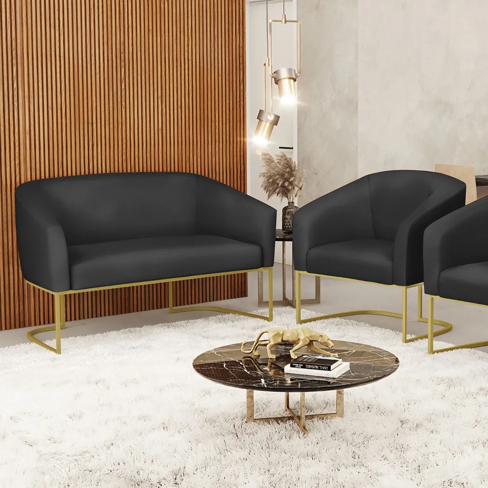 Sofá Namoradeira e Poltrona Base Industrial Dourado Stella Sintético D03 - D'Rossi - Preto