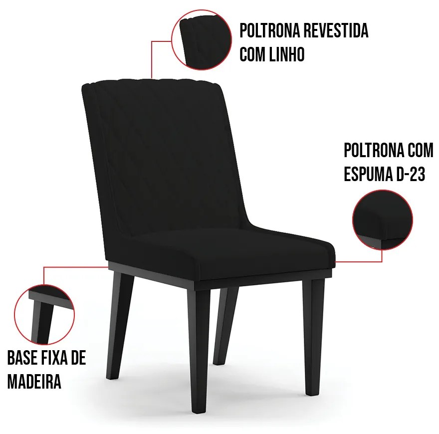 Cadeira Sala de Jantar Base Madeira Preto kit 8 Sofia Linho D03 - D'Rossi - Preto