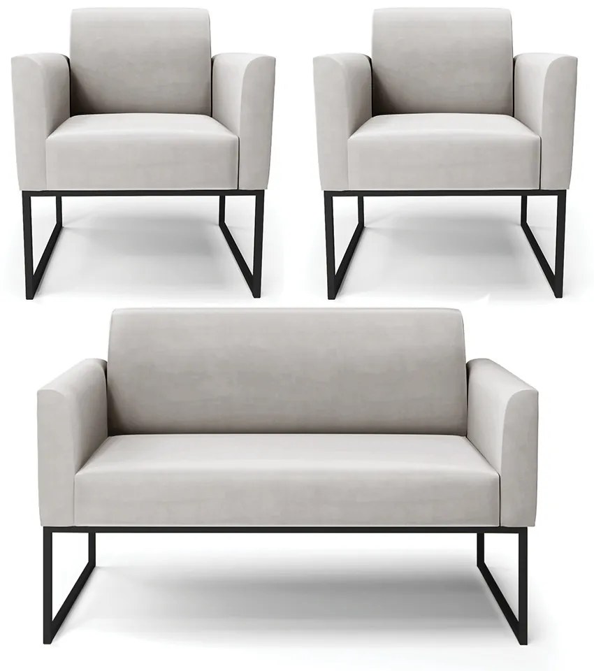 Sofá Namoradeira com 2 Poltronas Base Industrial Preto Marisa Veludo D03 - DRossi - Cinza