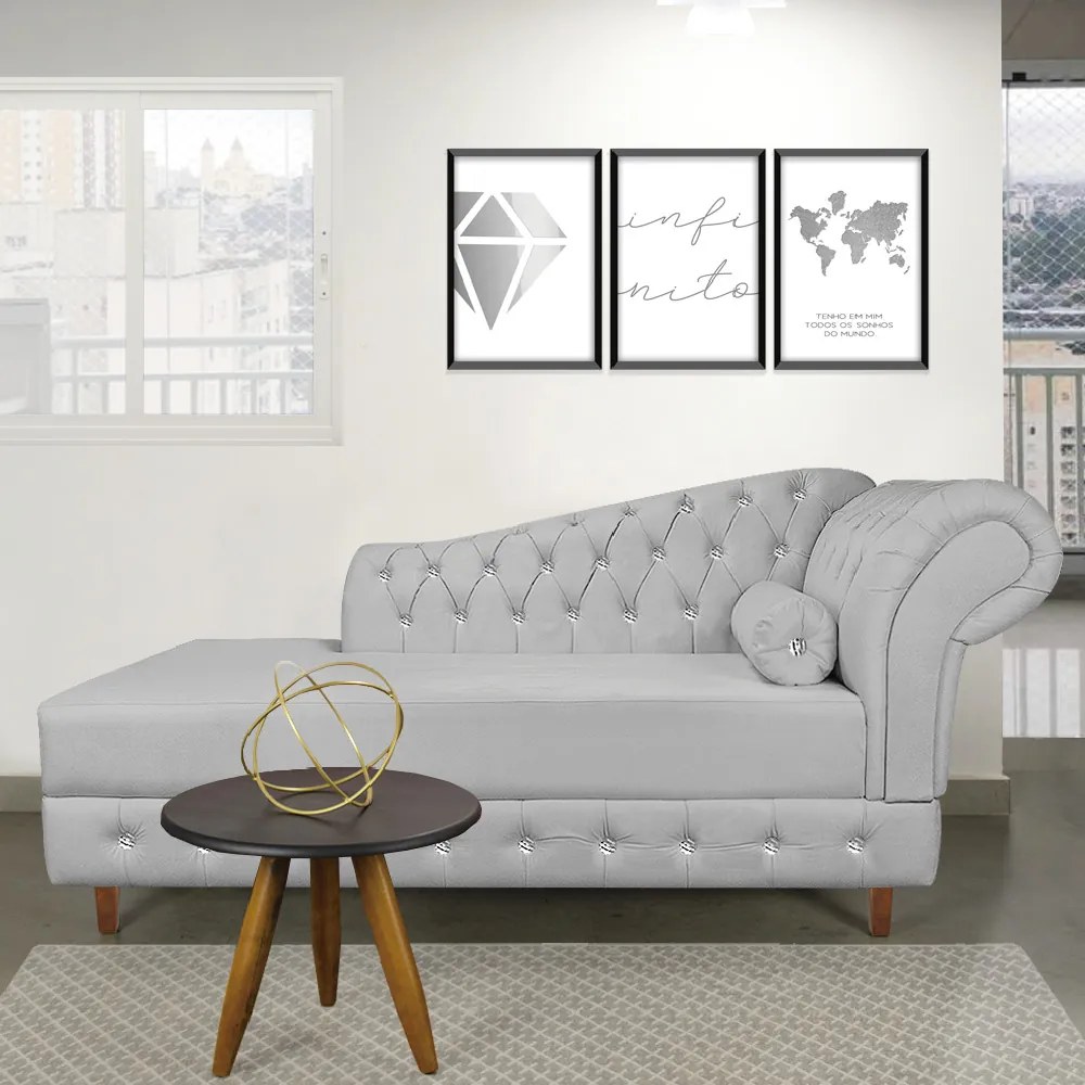 Divã Chesterfield 165 cm Capitonado com Strass Suede D'Rossi - Cinza